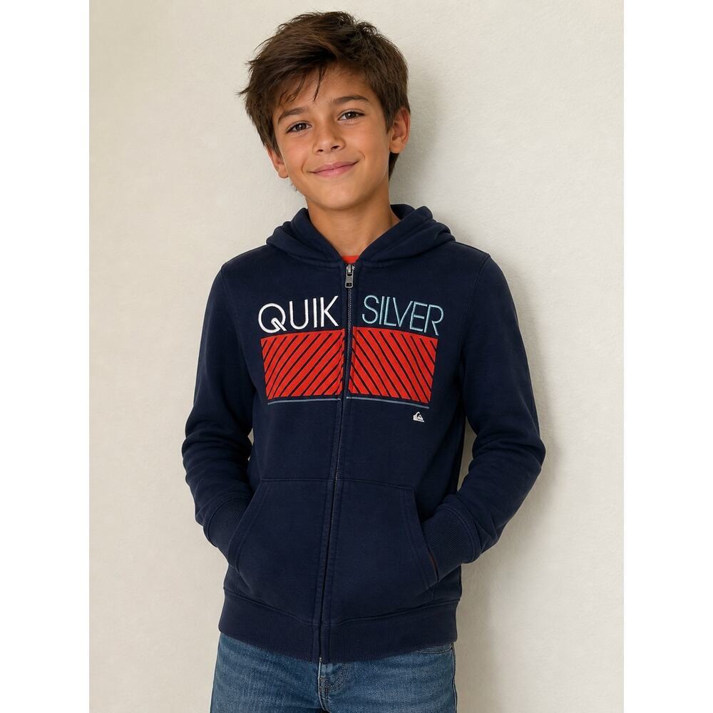 Quiksilver Boys Zip Up Hoodie Navy Blue Red Logo Youth Sweatshirt Surf Beach M